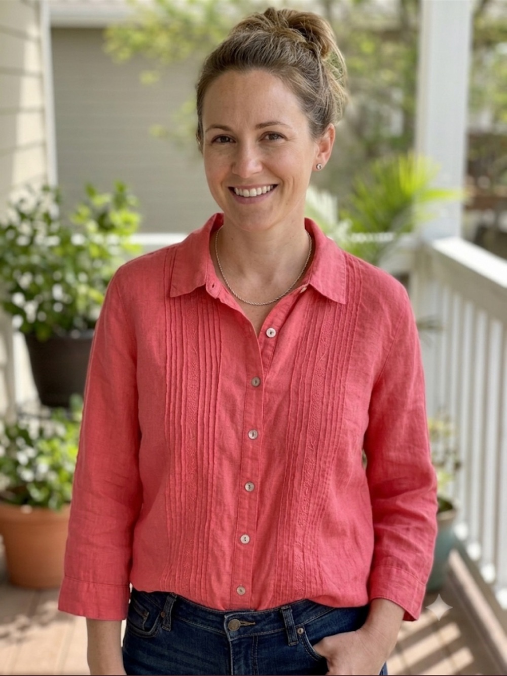 Erin London Pink Linen Button Down Blouse Size‎ L